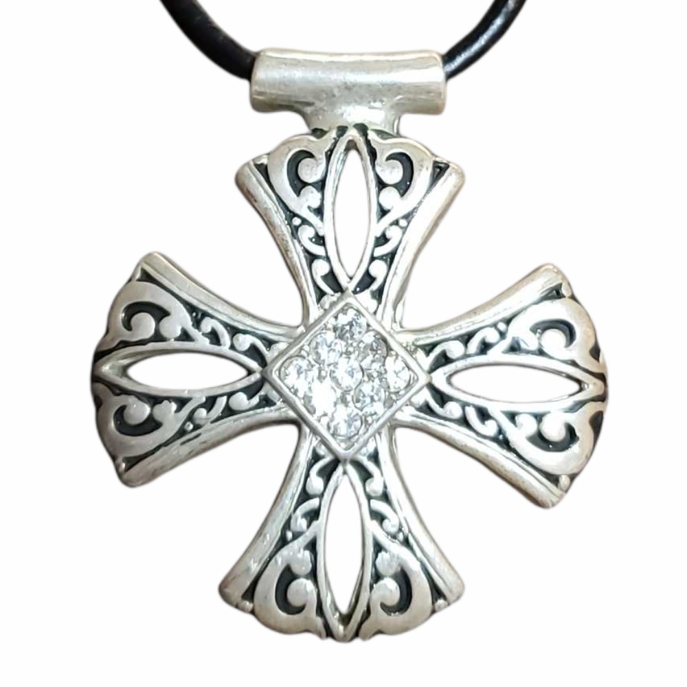 Big Chunky 2" Silver Tone Maltese Cross with Crystal Center 16" Necklace